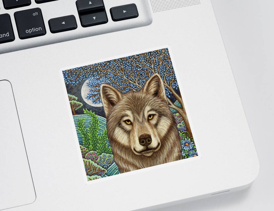 Wolf Sticker featuring the painting The Kazakh Wolf Moon by Amy E Fraser