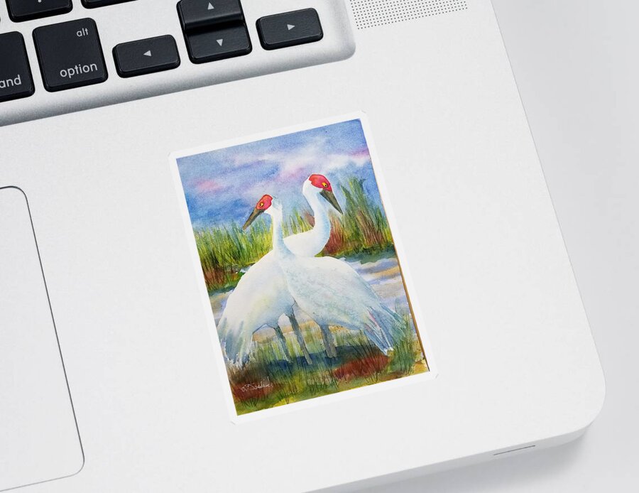 Sandhill Cranes Sticker featuring the painting The Locals by Ann Frederick