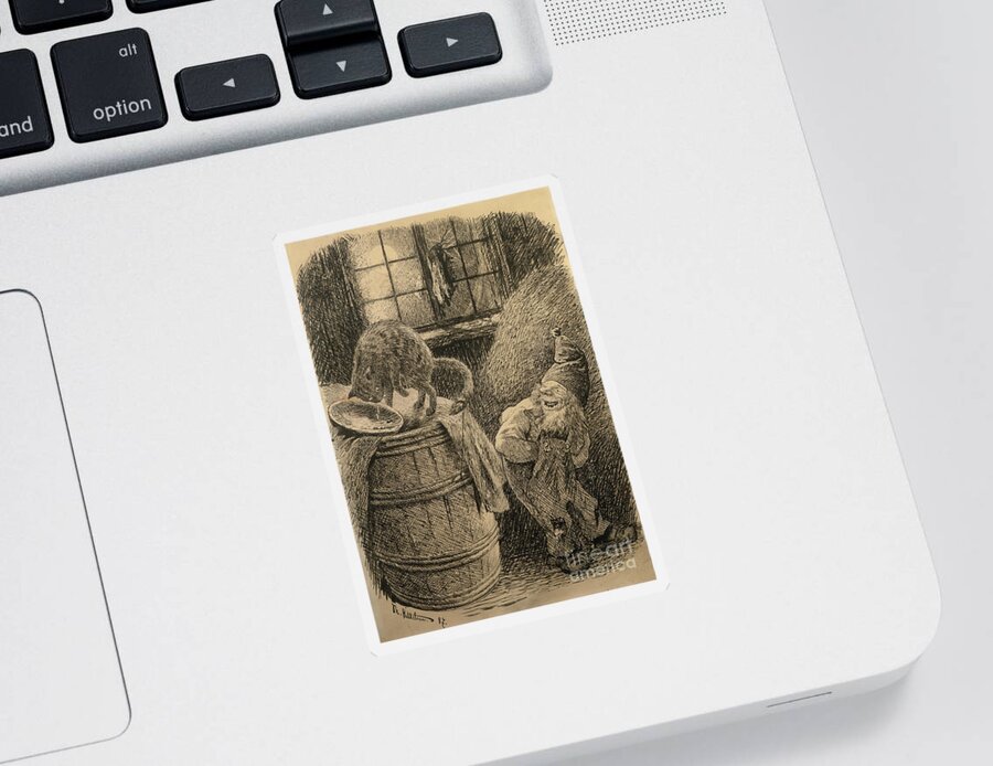 Theodor Kittelsen Sticker featuring the drawing The pixie stands and laughs malicious of the cat that is standing on a barrel and has been cheated by O Vaering by Theodor Kittelsen