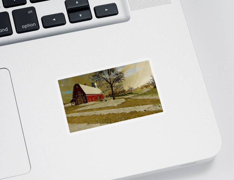 Winter Sticker featuring the painting The Red Barn by Charlie Roman