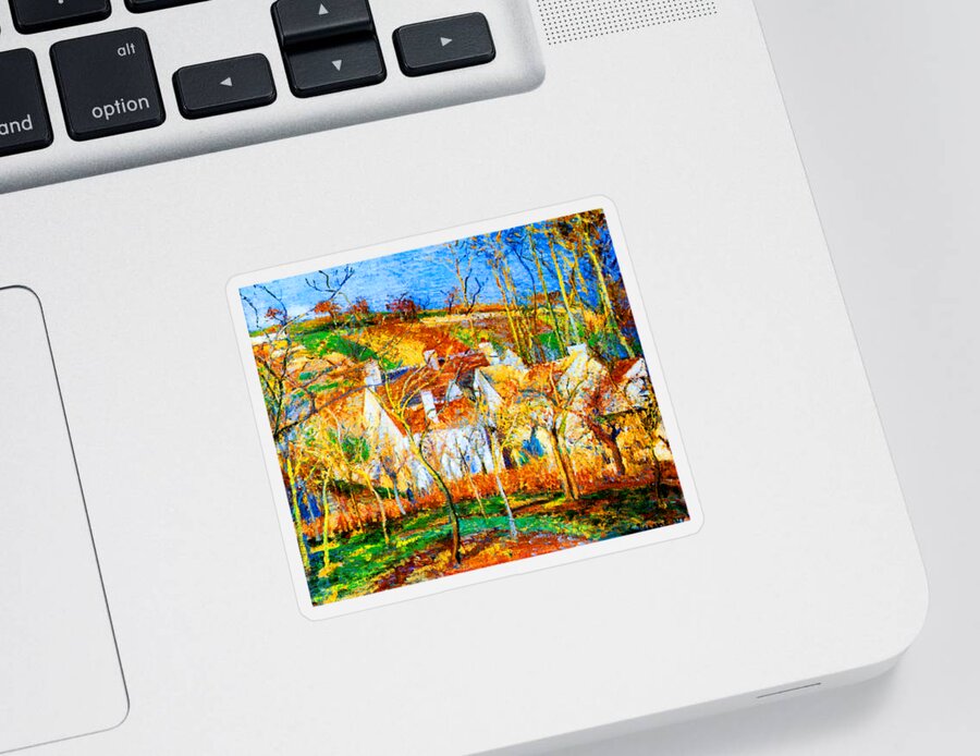 Camille Sticker featuring the painting The Red Roofs, Corner of a Village Winter 1877 by Camille Pissarro