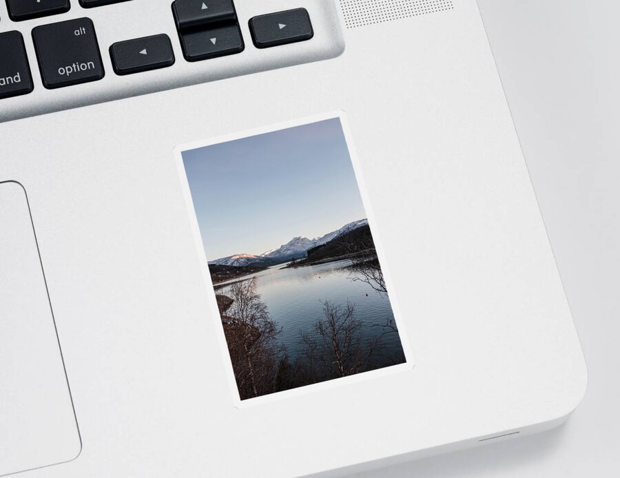 Christmas Sticker featuring the photograph The snowy hills are illuminated by the last vestige of orange sunlight. Narvik, Norway by Vaclav Sonnek