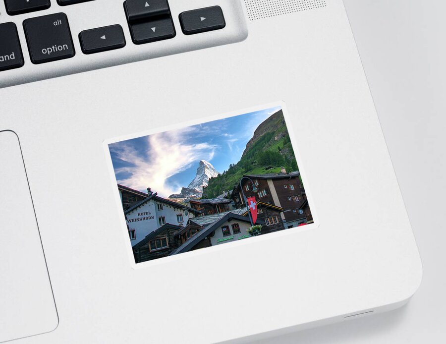 Blue Sky Sticker featuring the photograph The Village of Zermatt, Switzerland by Matthew DeGrushe