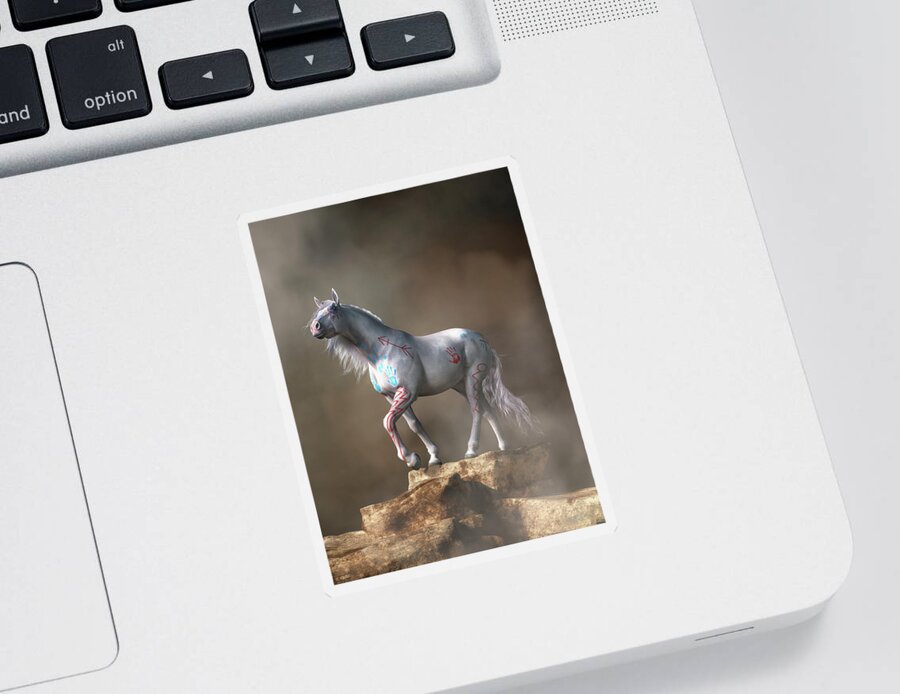 White War Horse Sticker featuring the digital art The White War Horse by Daniel Eskridge