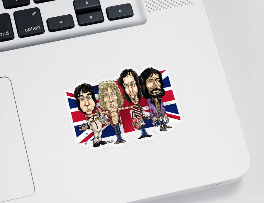 Caricature Sticker featuring the drawing The Who with flag by Mike Scott