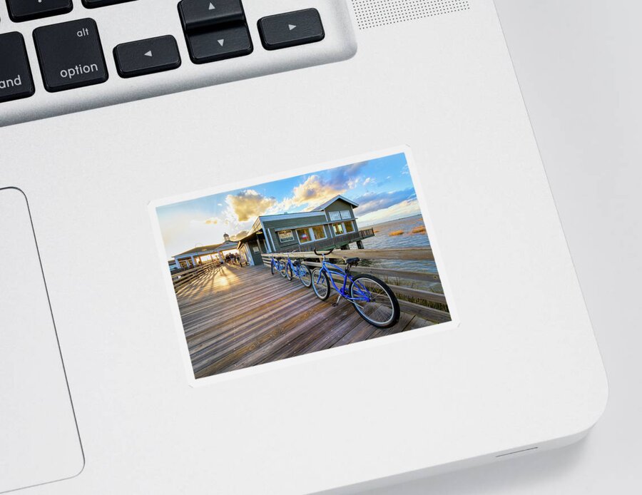 Clouds Sticker featuring the photograph Three Bicycles on the Dock Jekyll Island by Debra and Dave Vanderlaan