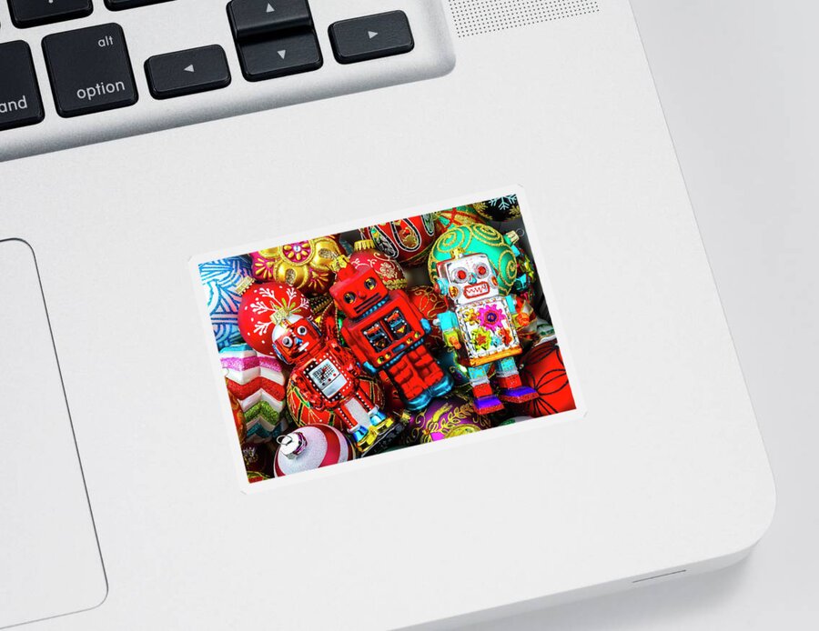 Abundance Red Fancy Sticker featuring the photograph Three Christmas Robots by Garry Gay