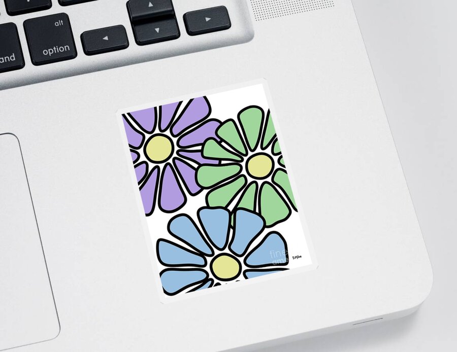 Flower Power Sticker featuring the digital art Three Mod Flowers Purple Green Blue by Donna Mibus