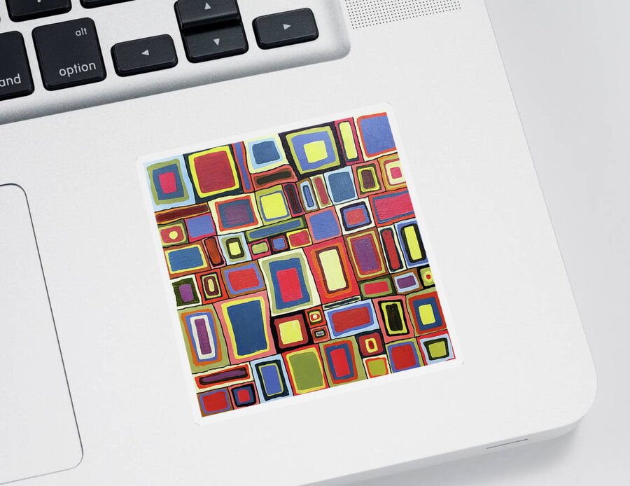 Colorful Abstract Sticker featuring the painting TIMES SQUARED RETRO Abstract of Squares in Red Blue Yellow Green Black by Lynnie Lang