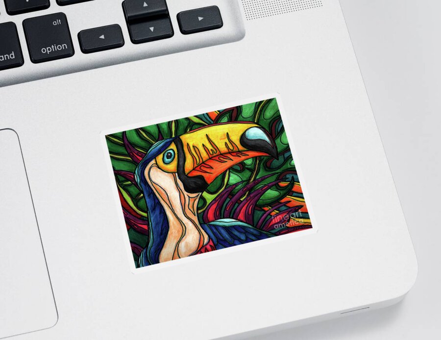 Toco Toucan Sticker featuring the painting Toco toucan in colorful jungle, toucan bird by Nadia CHEVREL