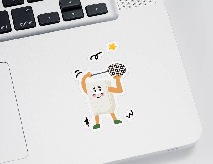 Tofu，bean Curd Sticker featuring the drawing Tofu loves playing badminton by Min Fen Zhu