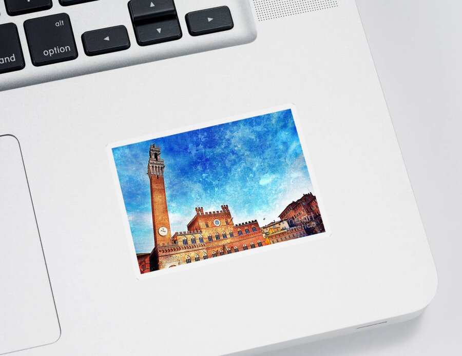 Siena Sticker featuring the photograph Torre del Mangia in Piazza del Campo in Siena by Ramona Matei