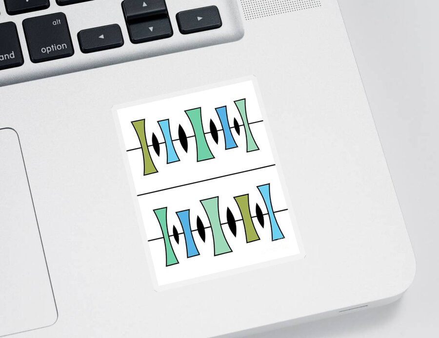 Mid Century Modern Sticker featuring the digital art Trapezoids in Green, Blue and Aqua by Donna Mibus