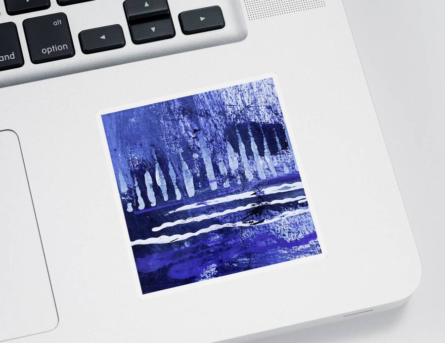 Indigo Sticker featuring the painting TREES ON THE RIVERBANK Blue White Abstract Painting by Lynnie Lang