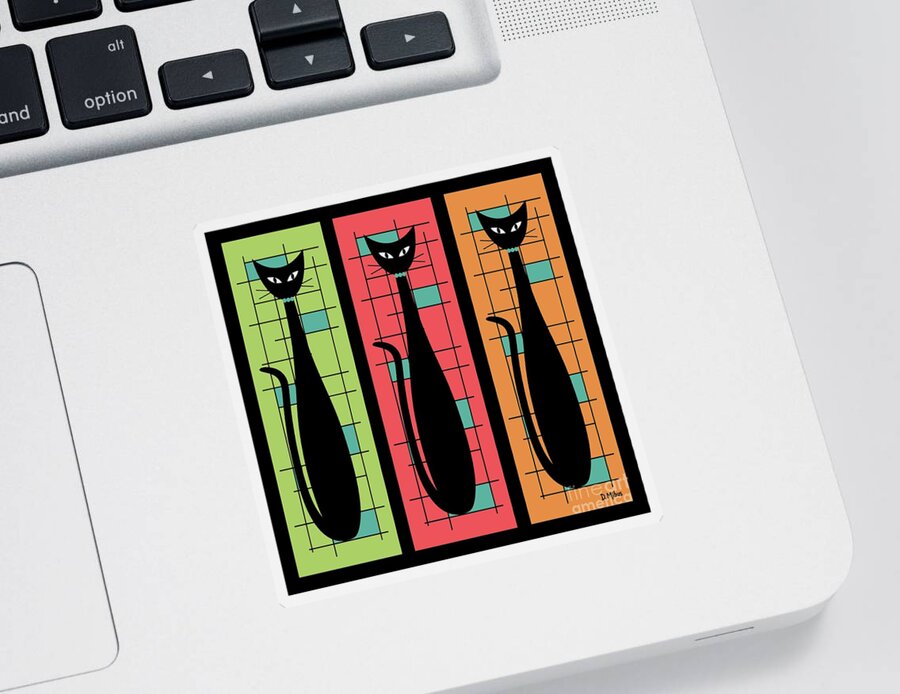 Mid Century Modern Sticker featuring the digital art Trio of Cats Green, Salmon and Orange on Black by Donna Mibus