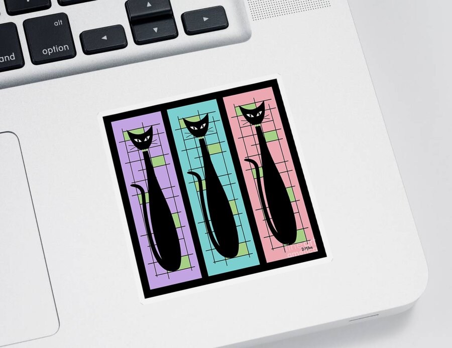 Mid Century Modern Sticker featuring the digital art Trio of Cats Purple, Blue and Pink on Black by Donna Mibus