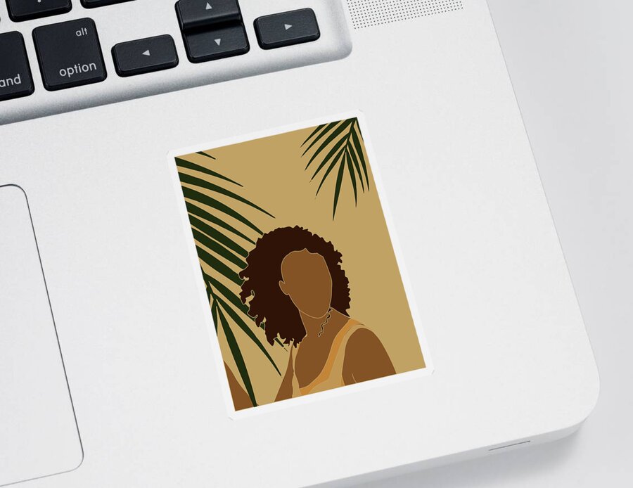 Tropical Reverie Sticker featuring the mixed media Tropical Reverie - Modern Minimal Illustration 08 - Girl, Palm Leaves - Tropical Aesthetic - Brown by Studio Grafiikka