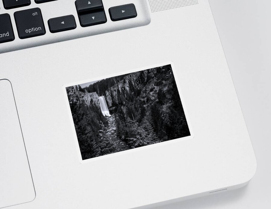 Black Sticker featuring the photograph Tumalo Falls 2 Black and White by Pelo Blanco Photo