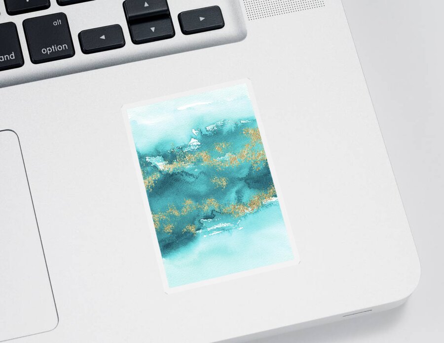 Turquoise Blue Sticker featuring the painting Turquoise Blue, Gold And Aquamarine by Garden Of Delights