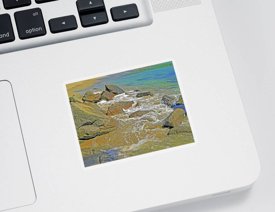 Sand Beach Sticker featuring the photograph Turquoise Sea Orange Stone by Lynda Lehmann