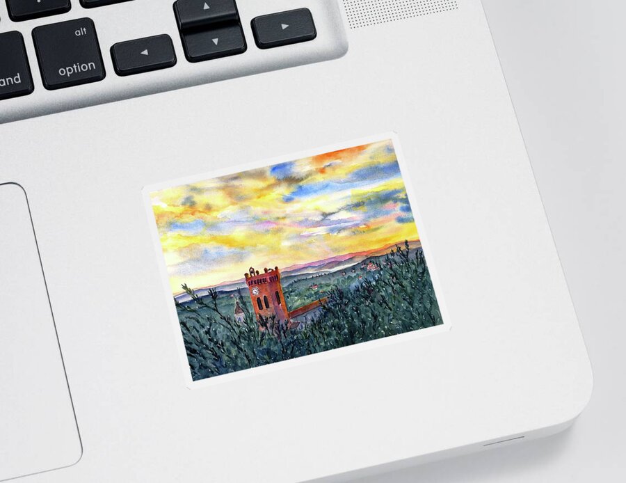 San Miniato Sticker featuring the painting Tuscan Sunset over San Miniato Italy by Carlin Blahnik CarlinArtWatercolor