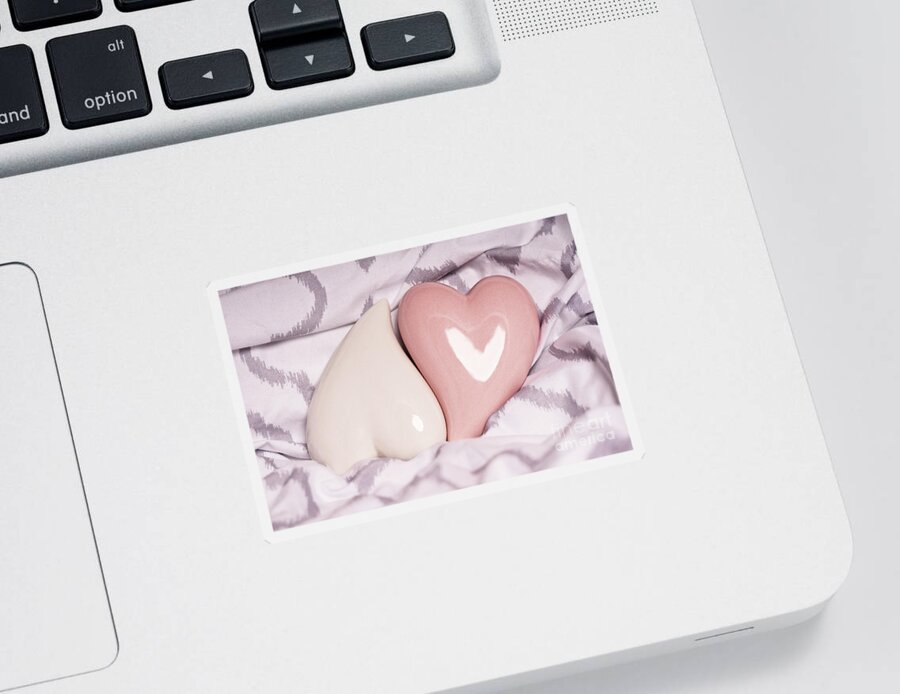 Love Sticker featuring the photograph Two red hearts on a modern bedsheet by Mendelex Photography