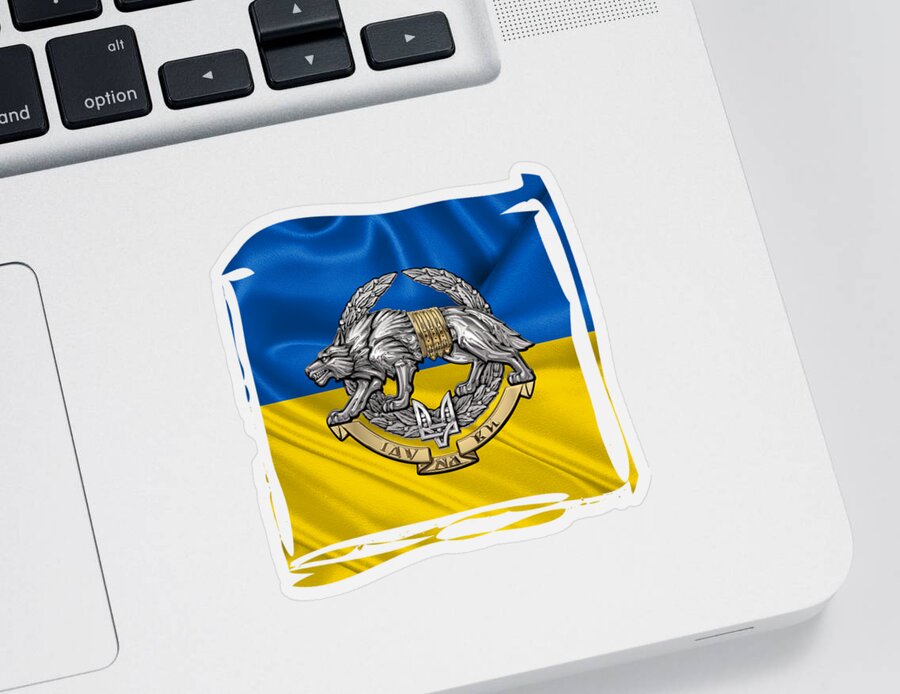 'military Insignia & Heraldry’ Collection By Serge Averbukh Sticker featuring the digital art Ukrainian Special Operations Forces - SSO Emblem over Ukrainian Colors by Serge Averbukh