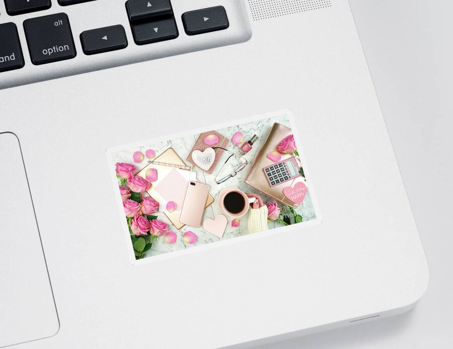Rose Gold Sticker featuring the photograph Ultra feminine pink desk workspace with rose gold accessories flatlay. by Milleflore Images