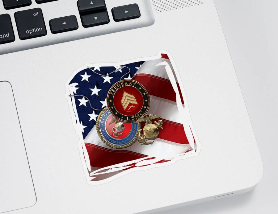 Military Insignia & Heraldry Collection By Serge Averbukh Sticker featuring the digital art U.S. Marine Sergeant - USMC Sgt Rank Insignia with Seal and EGA over American Flag by Serge Averbukh