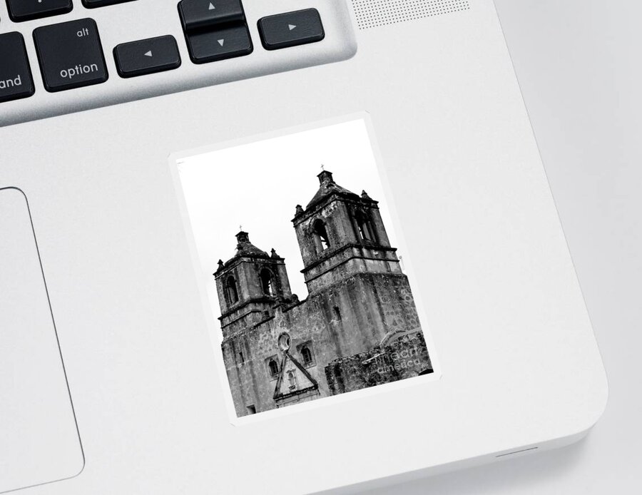 Historical Photograph Sticker featuring the photograph Vertical Mission Concepcion Towers in Black and White by Expressions By Stephanie