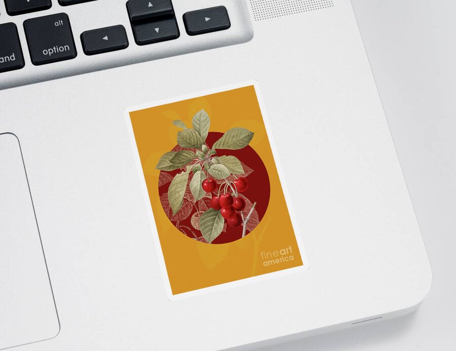 Vintage Sticker featuring the painting Vintage Botanical Cherry on Circle Red on Yellow by Holy Rock Design