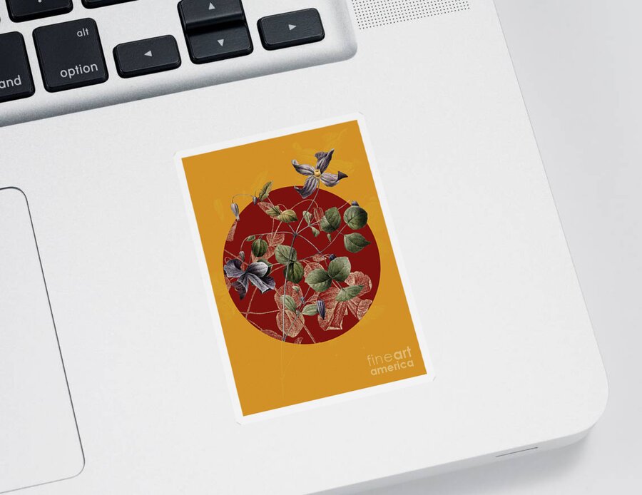 Vintage Sticker featuring the painting Vintage Botanical Virgins Bower on Circle Red on Yellow by Holy Rock Design