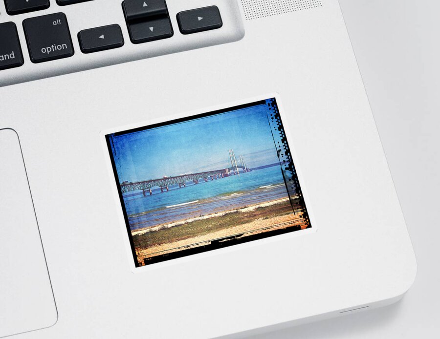 Vintage Sticker featuring the photograph Vintage Mackinac Bridge by Phil Perkins