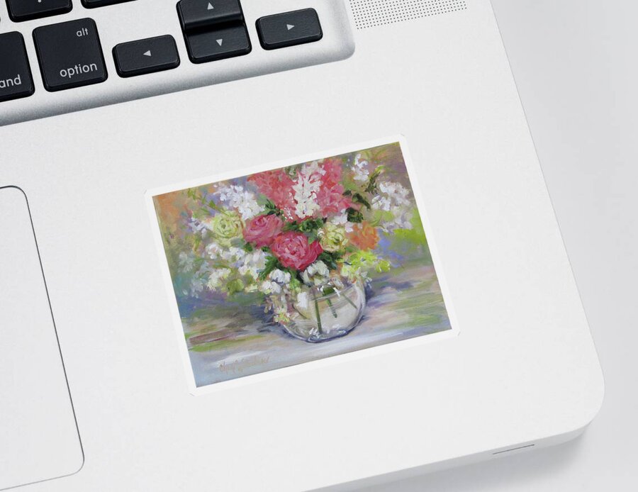 Floral Print Sticker featuring the painting Water Vase With Pink Roses and White Flowers by Cheri Wollenberg