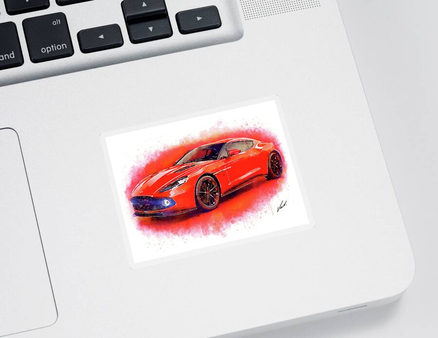Watercolor Sticker featuring the painting Watercolor Aston Martin Vanquish - oryginal artwork by Vart by Vart