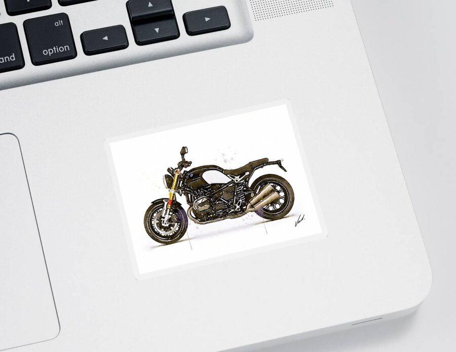 Motorbike Paitning Sticker featuring the painting Watercolor BMW NineT motorcycle - oryginal artwork by Vart. by Vart