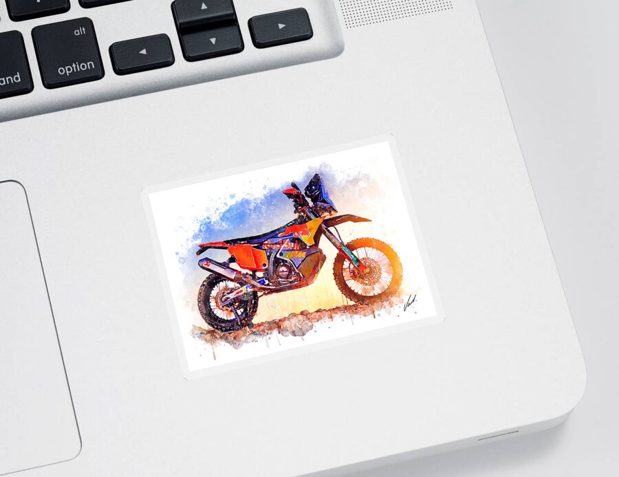 Adventure Sticker featuring the painting Watercolor KTM 450 Rally Dakar motorcycle - oryginal artwork by Vart. by Vart Studio