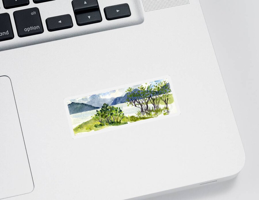 Watercolor Sticker featuring the digital art Watercolor Mountain and Lake Landscape Scenery Painting by Sambel Pedes