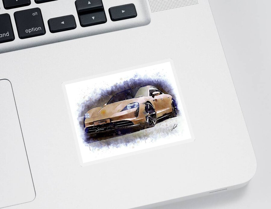 Watercolor Sticker featuring the painting Watercolor Porsche Taycan - oryginal artwork by Vart. by Vart Studio
