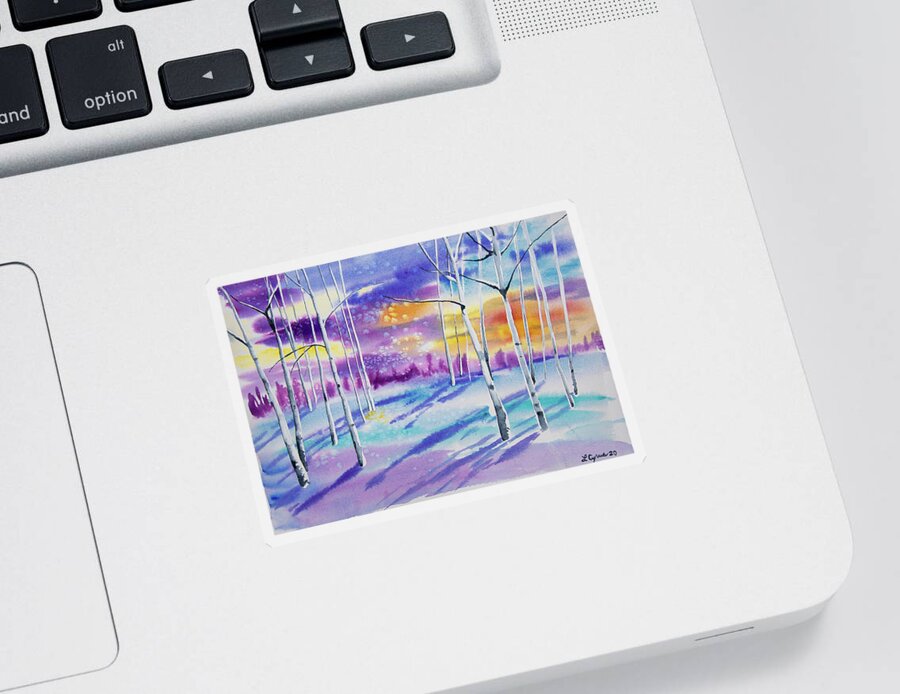 Sunrise Sticker featuring the painting Watercolor - Sunrise in a Snowy Aspen Grove by Cascade Colors