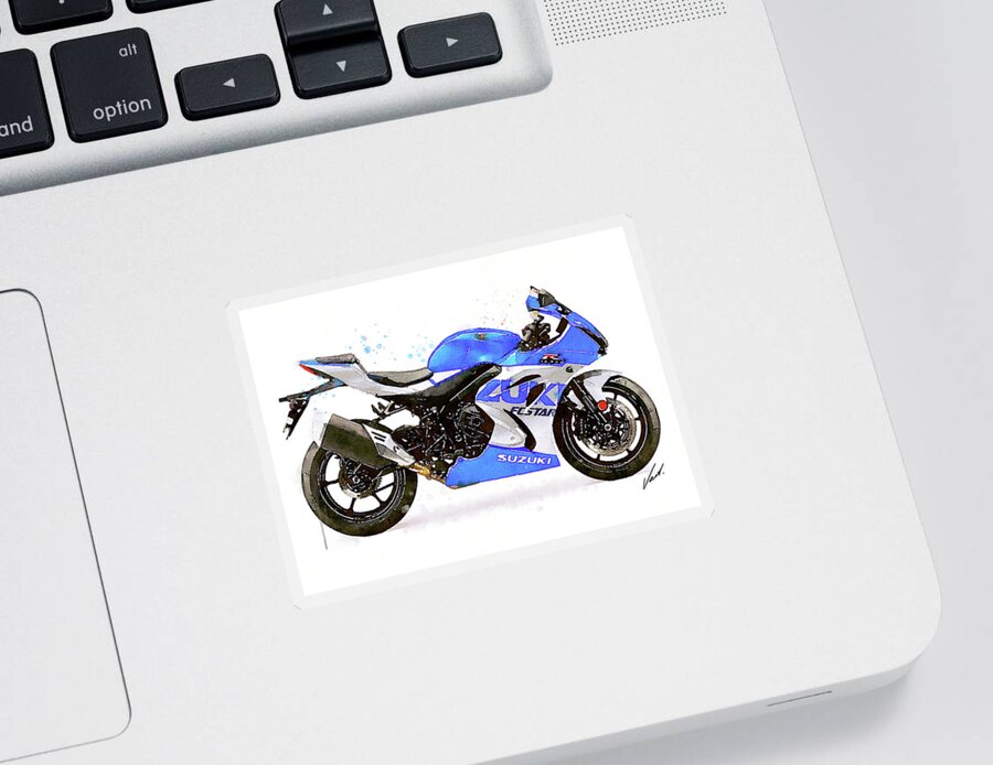 Sport Sticker featuring the painting Watercolor Suzuki GSX-R 1000 motorcycle - oryginal artwork by Vart. by Vart Studio