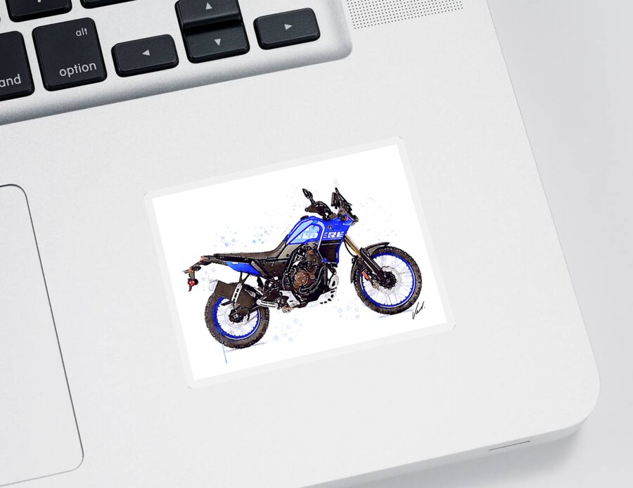 Adventure Sticker featuring the painting Watercolor Yamaha Tenere 700 blue motorcycle - oryginal artwork by Vart. by Vart Studio