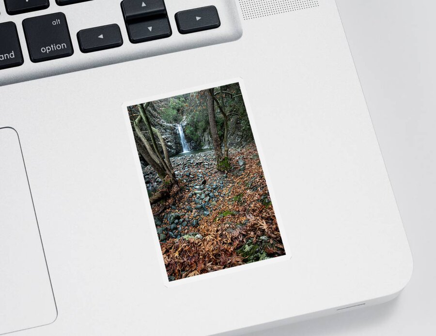 Autumn Landscape Sticker featuring the photograph Waterfall splashing in the canyon in autumn. by Michalakis Ppalis