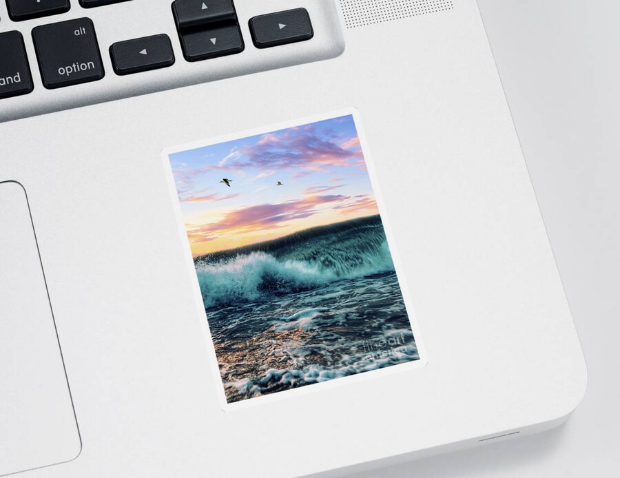 Seagulls Sticker featuring the digital art Waves Crashing At Sunset by Phil Perkins