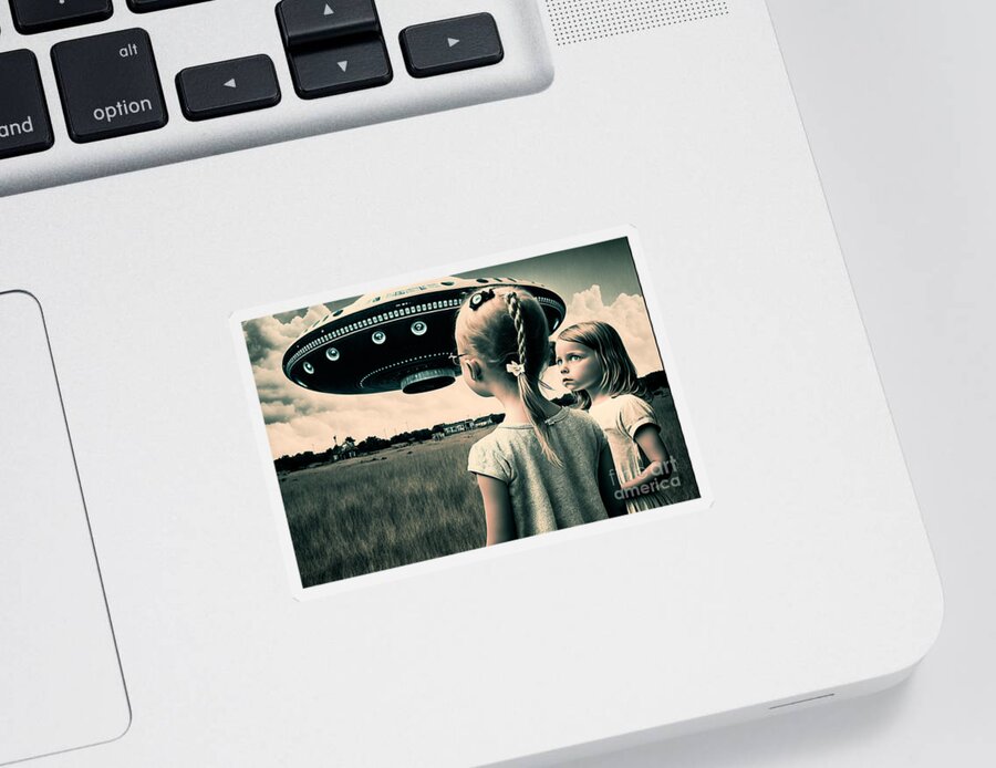 Ufo Sticker featuring the digital art We Really Should Go Now by Jay Schankman