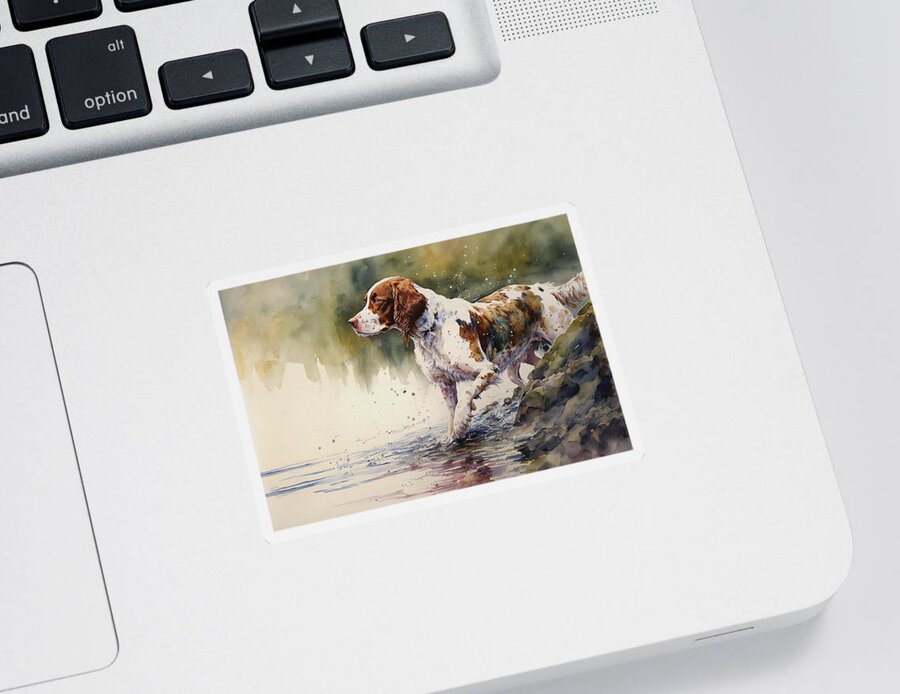 Dog Sticker featuring the painting Welsh Springer Spaniel by the River by Kai Saarto