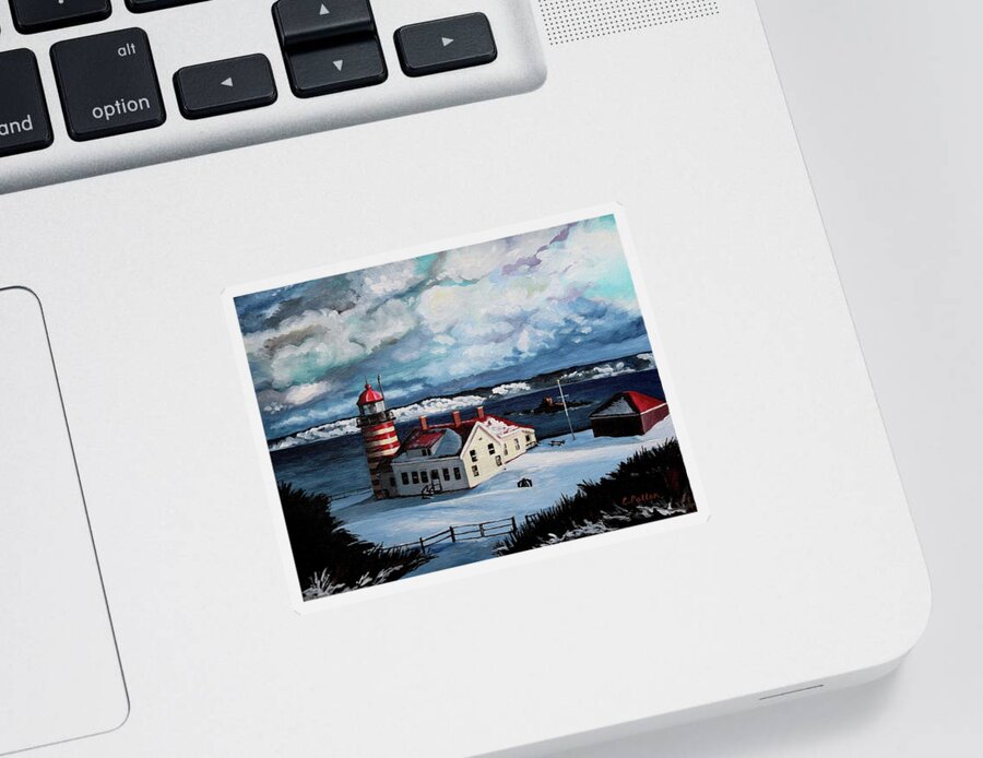 Lighthouse Sticker featuring the painting West Quoddy In Winter by Eileen Patten Oliver