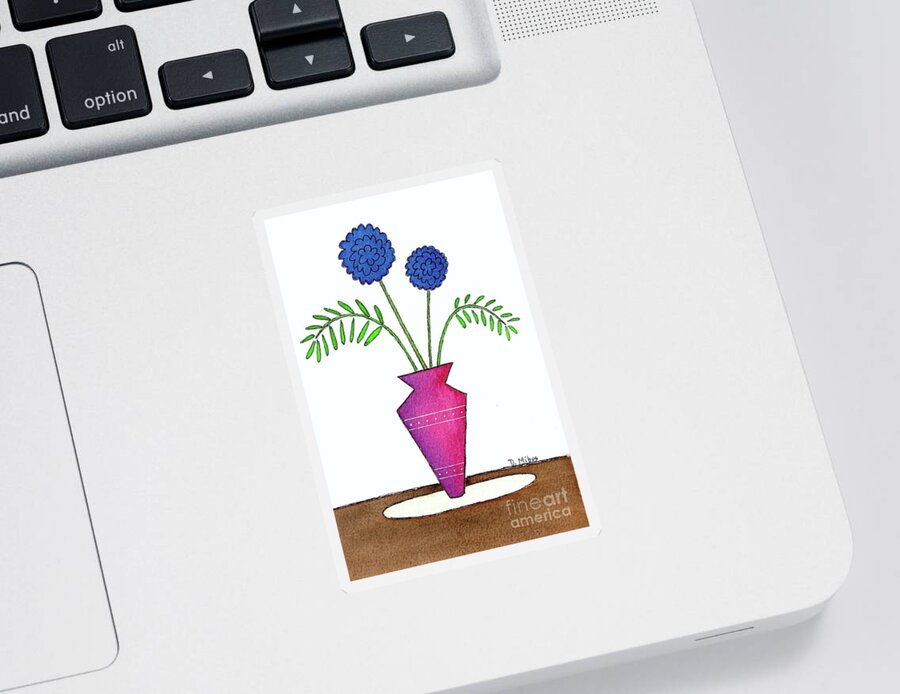 Mid Century Modern Flowers Sticker featuring the painting Whimsical Blue Flowers in Pinkish Purple Vase by Donna Mibus