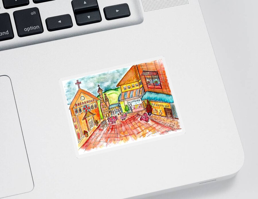Whimsical Sticker featuring the painting Whimsical Piazza in Tuscany Italy by Ramona Matei