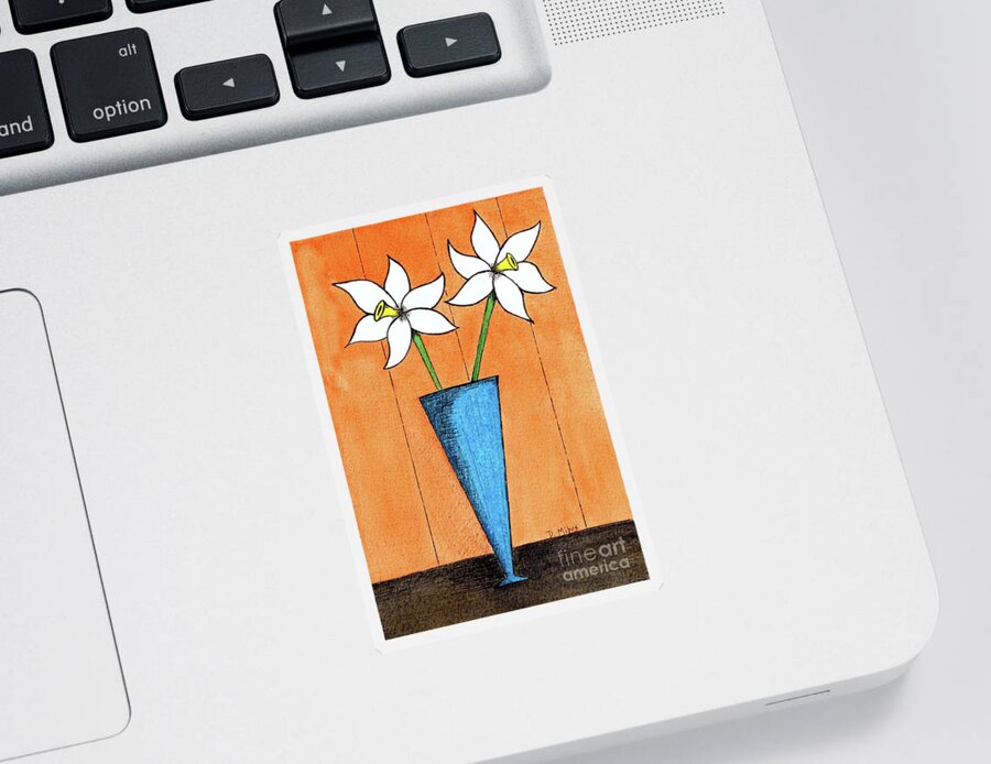 Mid Century Flowers Sticker featuring the painting Whimsical White Flowers in Blue Vase by Donna Mibus